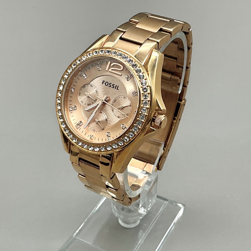 Fossil Riley Watch Womens ES2811 Rose Gold Crystal 38mm 6.25" NEW BATTERY